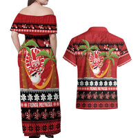 French Polynesia Christmas Couples Matching Off Shoulder Maxi Dress and Hawaiian Shirt Tiare Chilling Santa Oaoa I teie Noera - Polynesian Pride