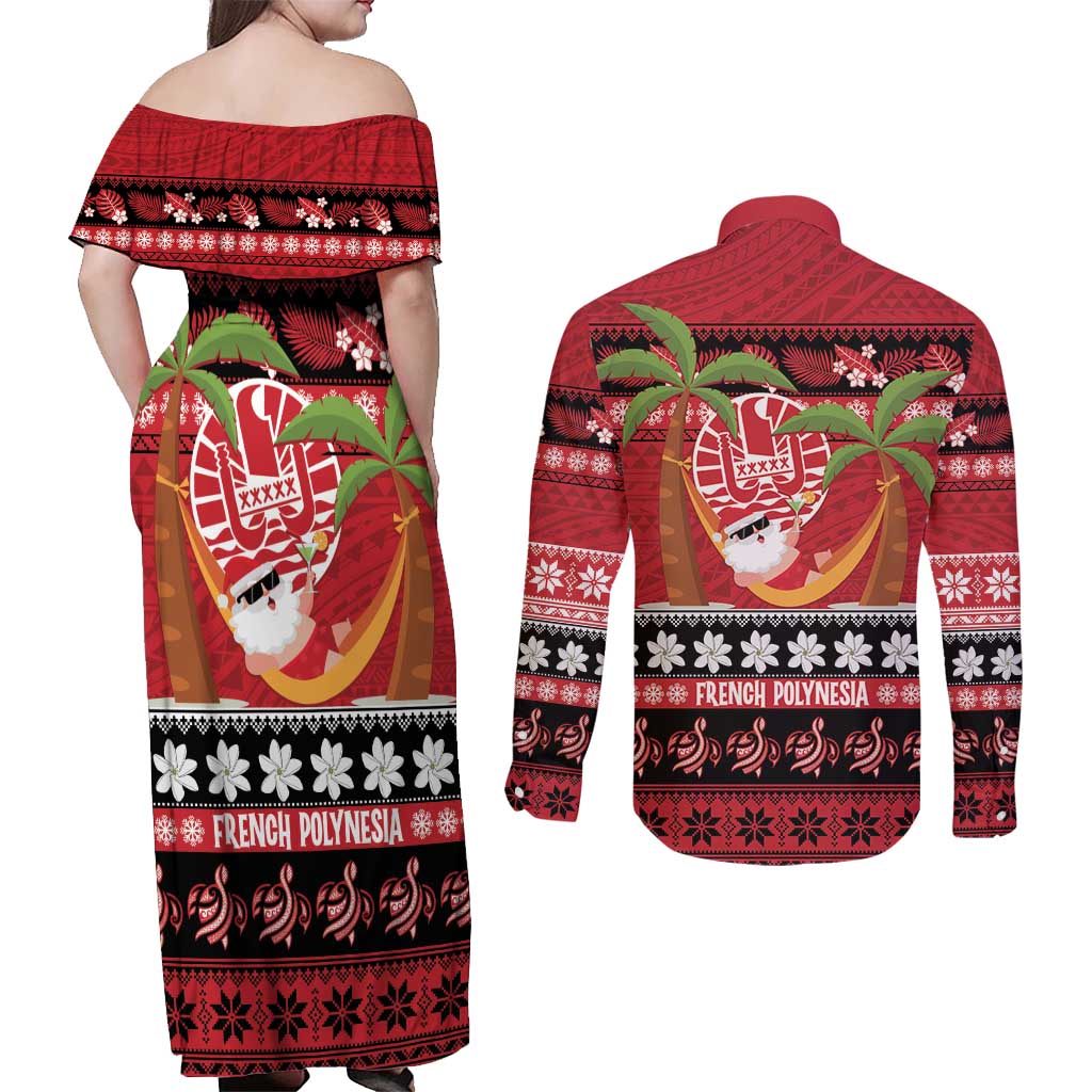 French Polynesia Christmas Couples Matching Off Shoulder Maxi Dress and Long Sleeve Button Shirt Tiare Chilling Santa Oaoa I teie Noera - Polynesian Pride