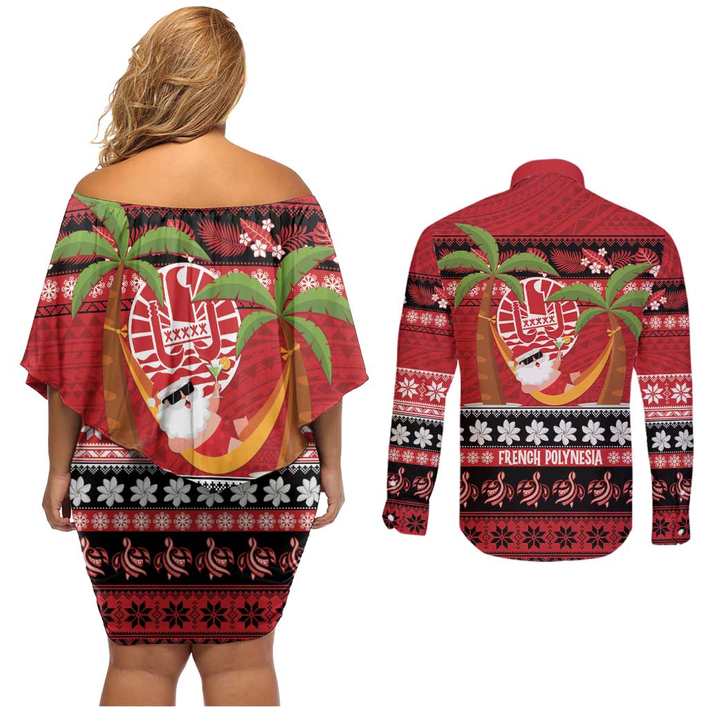 French Polynesia Christmas Couples Matching Off Shoulder Short Dress and Long Sleeve Button Shirt Tiare Chilling Santa Oaoa I teie Noera - Polynesian Pride