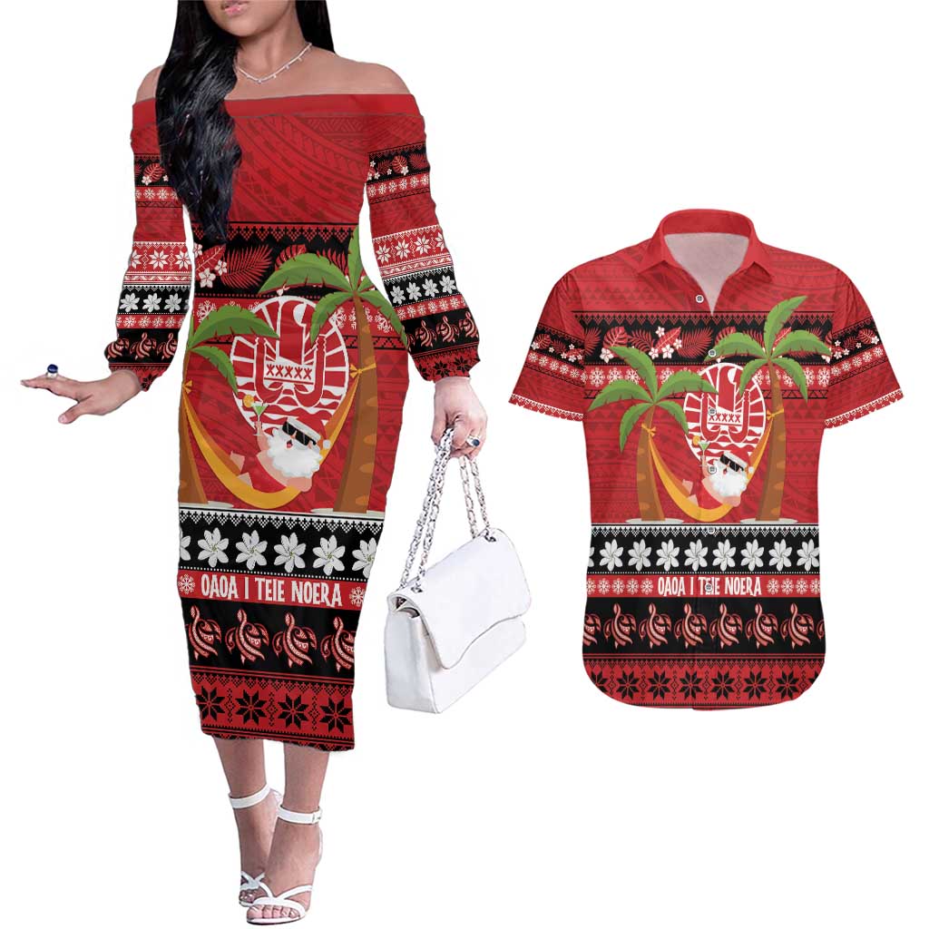 French Polynesia Christmas Couples Matching Off The Shoulder Long Sleeve Dress and Hawaiian Shirt Tiare Chilling Santa Oaoa I teie Noera - Polynesian Pride