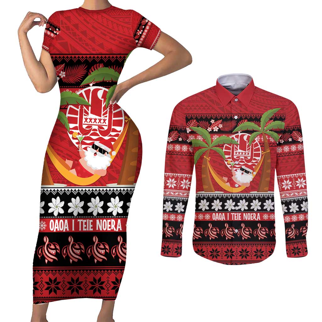 French Polynesia Christmas Couples Matching Short Sleeve Bodycon Dress and Long Sleeve Button Shirt Tiare Chilling Santa Oaoa I teie Noera - Polynesian Pride