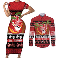 French Polynesia Christmas Couples Matching Short Sleeve Bodycon Dress and Long Sleeve Button Shirt Tiare Chilling Santa Oaoa I teie Noera - Polynesian Pride