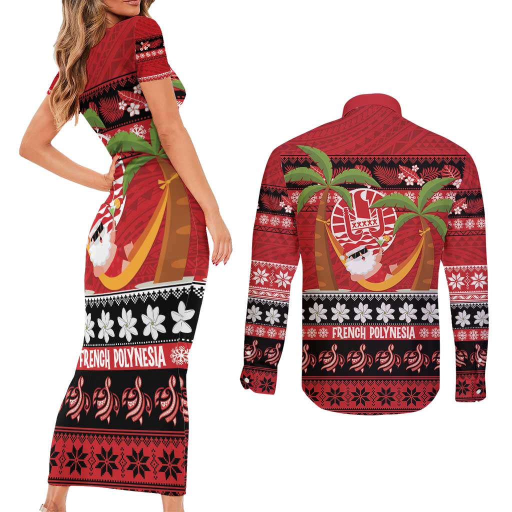 French Polynesia Christmas Couples Matching Short Sleeve Bodycon Dress and Long Sleeve Button Shirt Tiare Chilling Santa Oaoa I teie Noera - Polynesian Pride