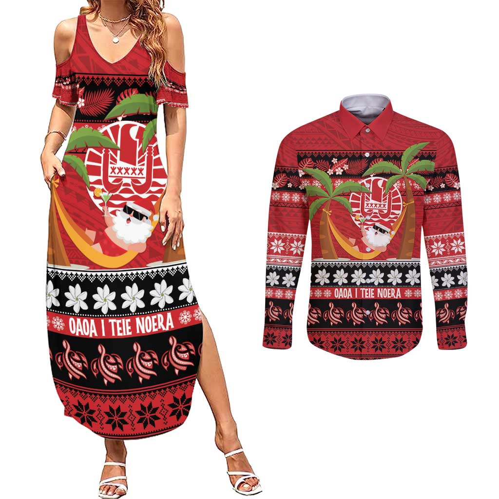 French Polynesia Christmas Couples Matching Summer Maxi Dress and Long Sleeve Button Shirt Tiare Chilling Santa Oaoa I teie Noera - Polynesian Pride