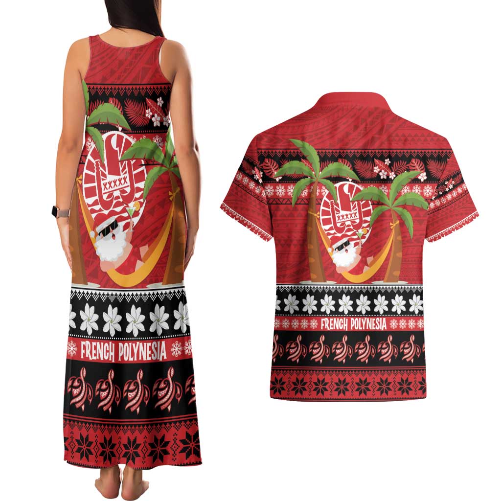 French Polynesia Christmas Couples Matching Tank Maxi Dress and Hawaiian Shirt Tiare Chilling Santa Oaoa I teie Noera - Polynesian Pride