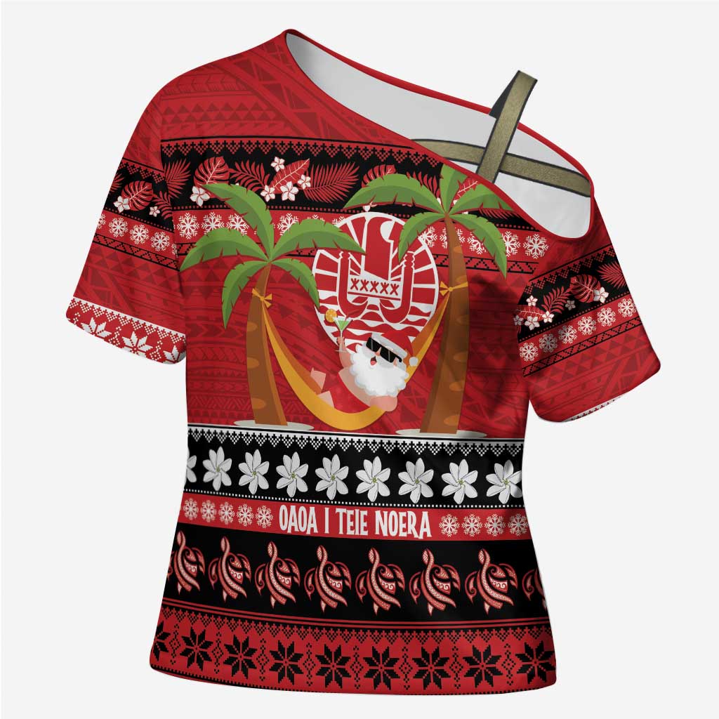 French Polynesia Christmas Cross Shoulder Shirt Tiare Chilling Santa Oaoa I teie Noera - Polynesian Pride
