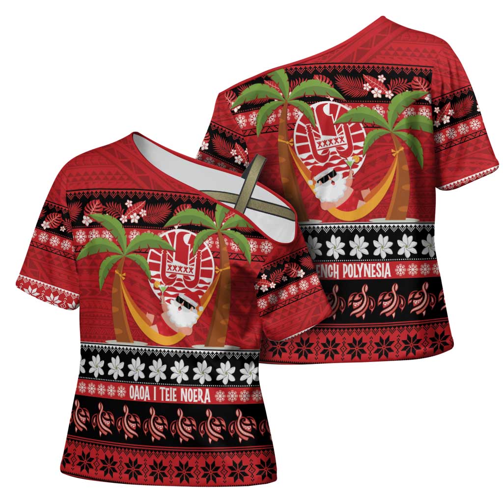 French Polynesia Christmas Cross Shoulder Shirt Tiare Chilling Santa Oaoa I teie Noera - Polynesian Pride
