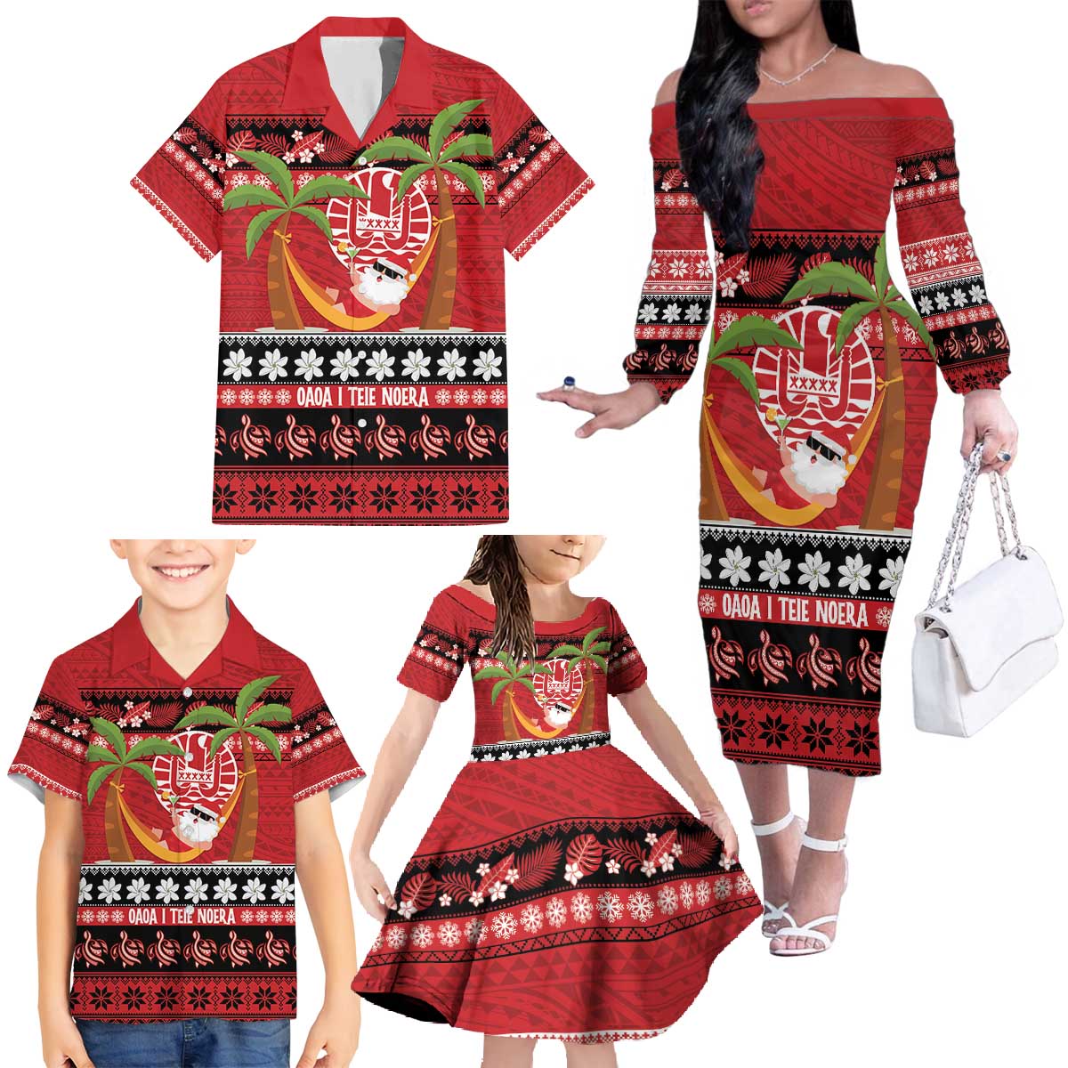 French Polynesia Christmas Family Matching Off The Shoulder Long Sleeve Dress and Hawaiian Shirt Tiare Chilling Santa Oaoa I teie Noera - Polynesian Pride