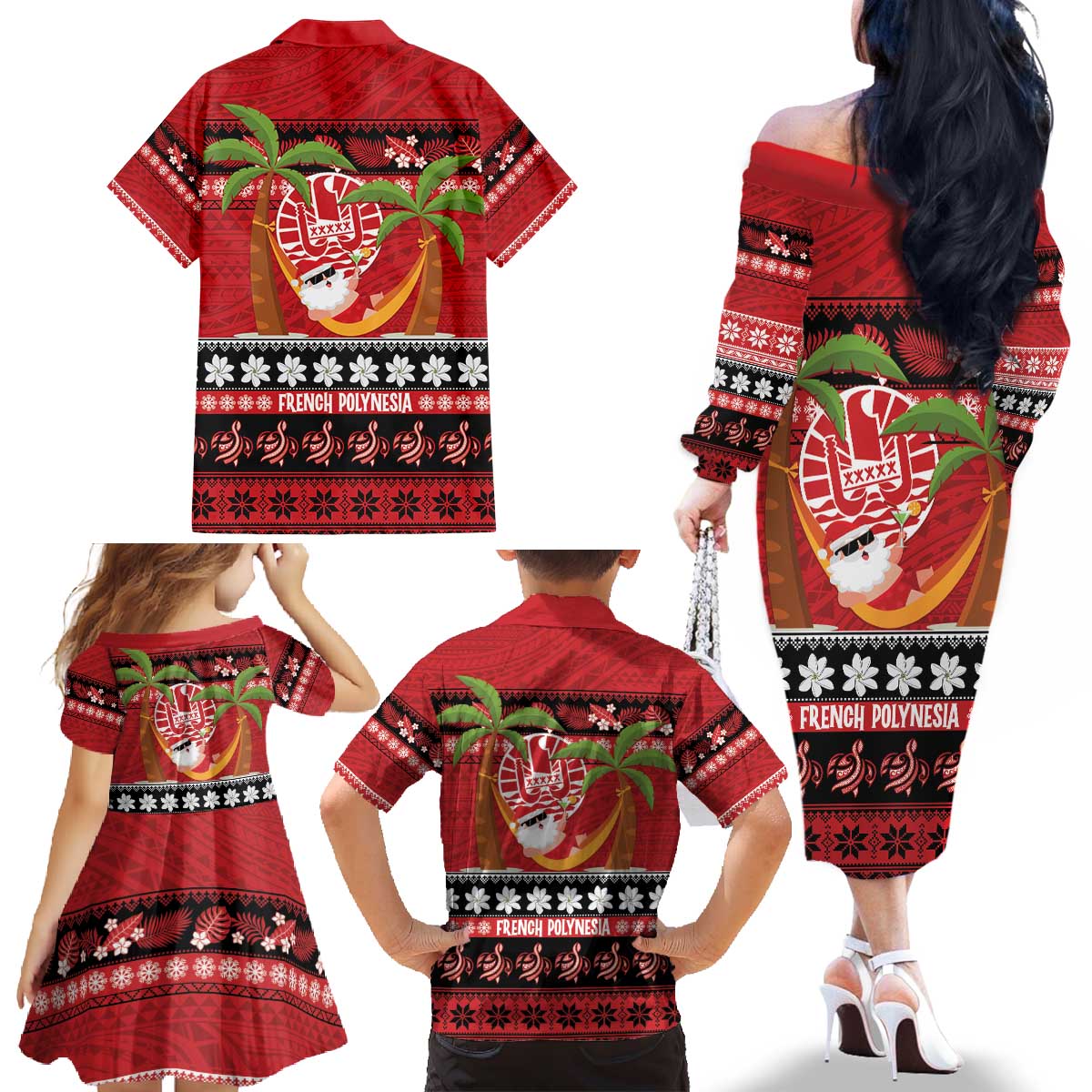 French Polynesia Christmas Family Matching Off The Shoulder Long Sleeve Dress and Hawaiian Shirt Tiare Chilling Santa Oaoa I teie Noera - Polynesian Pride