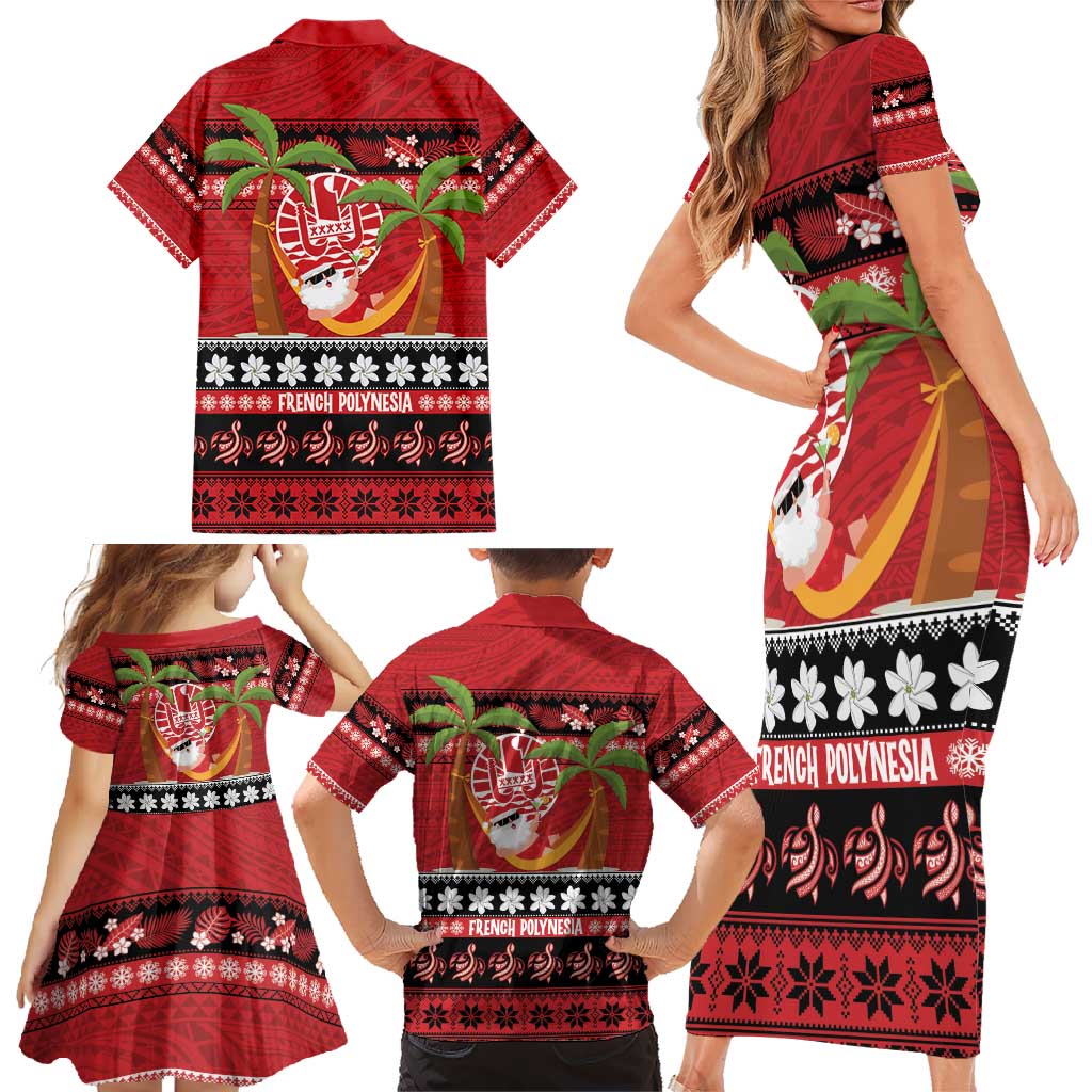 French Polynesia Christmas Family Matching Short Sleeve Bodycon Dress and Hawaiian Shirt Tiare Chilling Santa Oaoa I teie Noera - Polynesian Pride