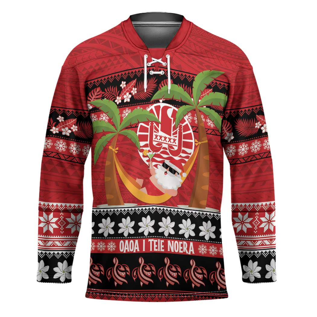 French Polynesia Christmas Hockey Jersey Tiare Chilling Santa Oaoa I teie Noera - Polynesian Pride