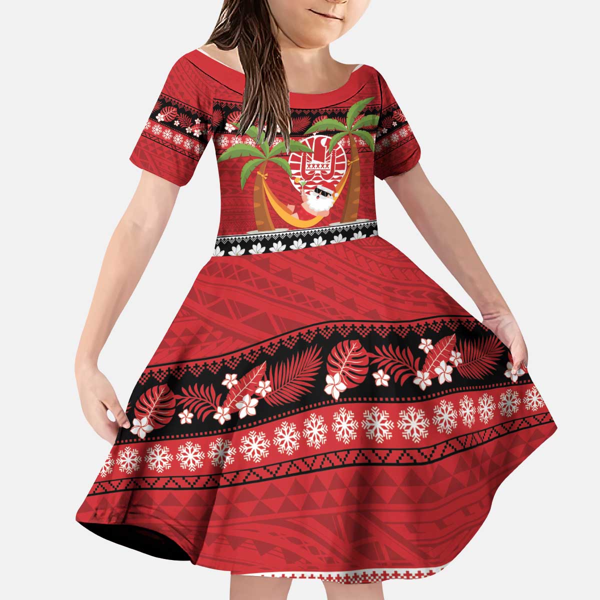 French Polynesia Christmas Kid Short Sleeve Dress Tiare Chilling Santa Oaoa I teie Noera - Polynesian Pride