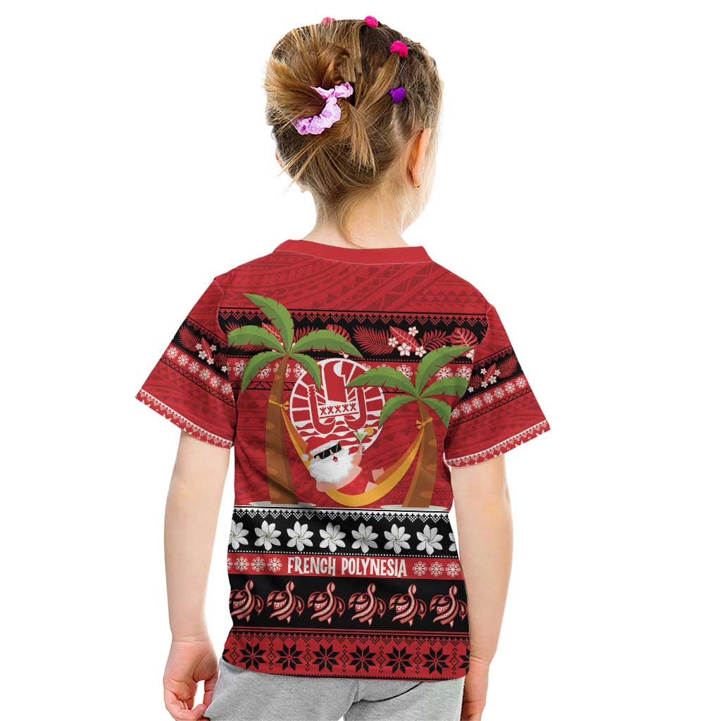French Polynesia Christmas Kid T Shirt Tiare Chilling Santa Oaoa I teie Noera - Polynesian Pride