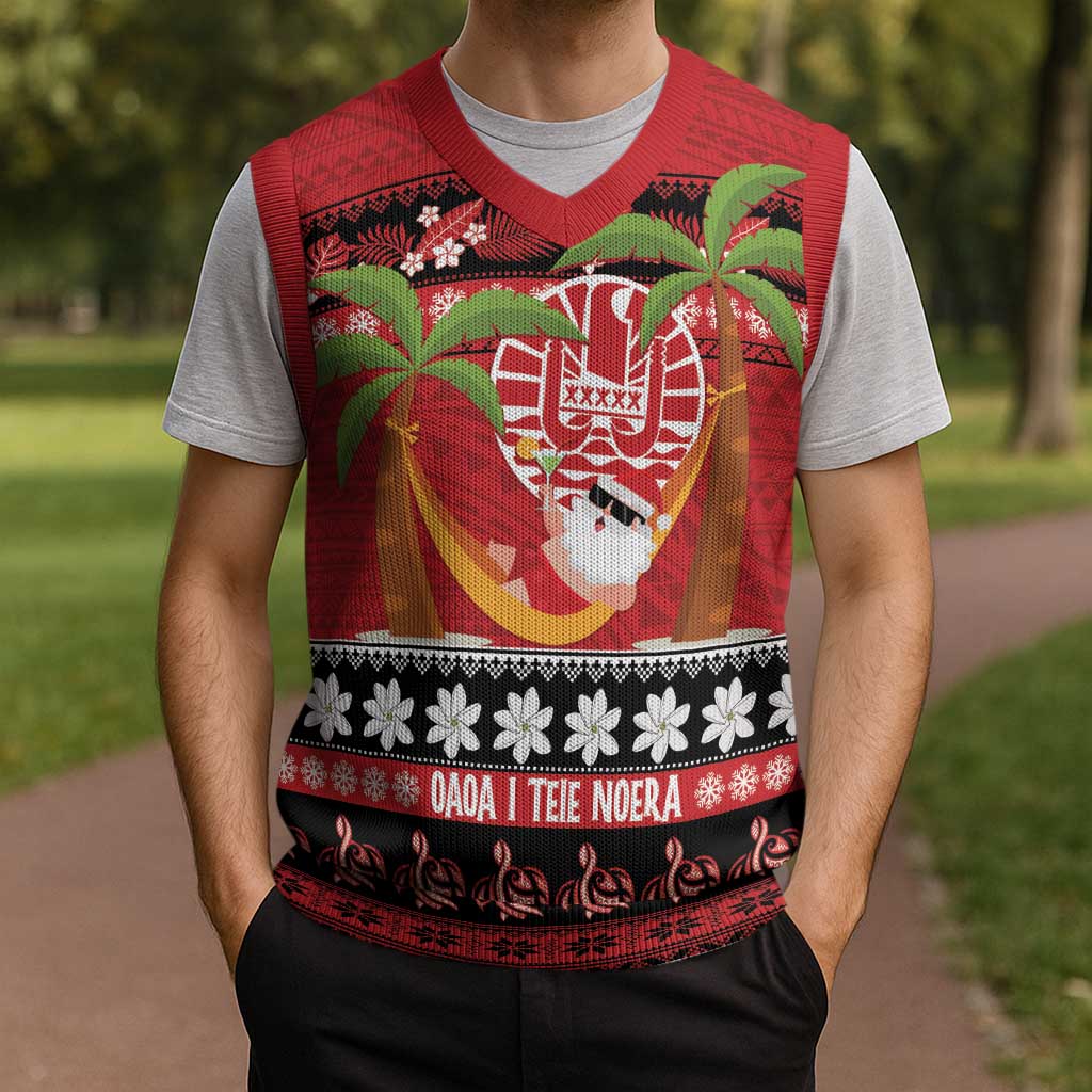 French Polynesia Christmas Knitted V-Neck Vest Tiare Chilling Santa Oaoa I teie Noera - Polynesian Pride