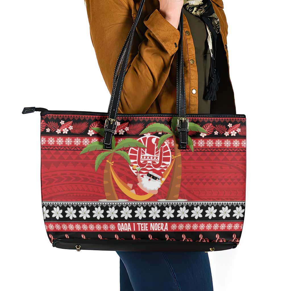 French Polynesia Christmas Leather Tote Bag Tiare Chilling Santa Oaoa I teie Noera - Polynesian Pride