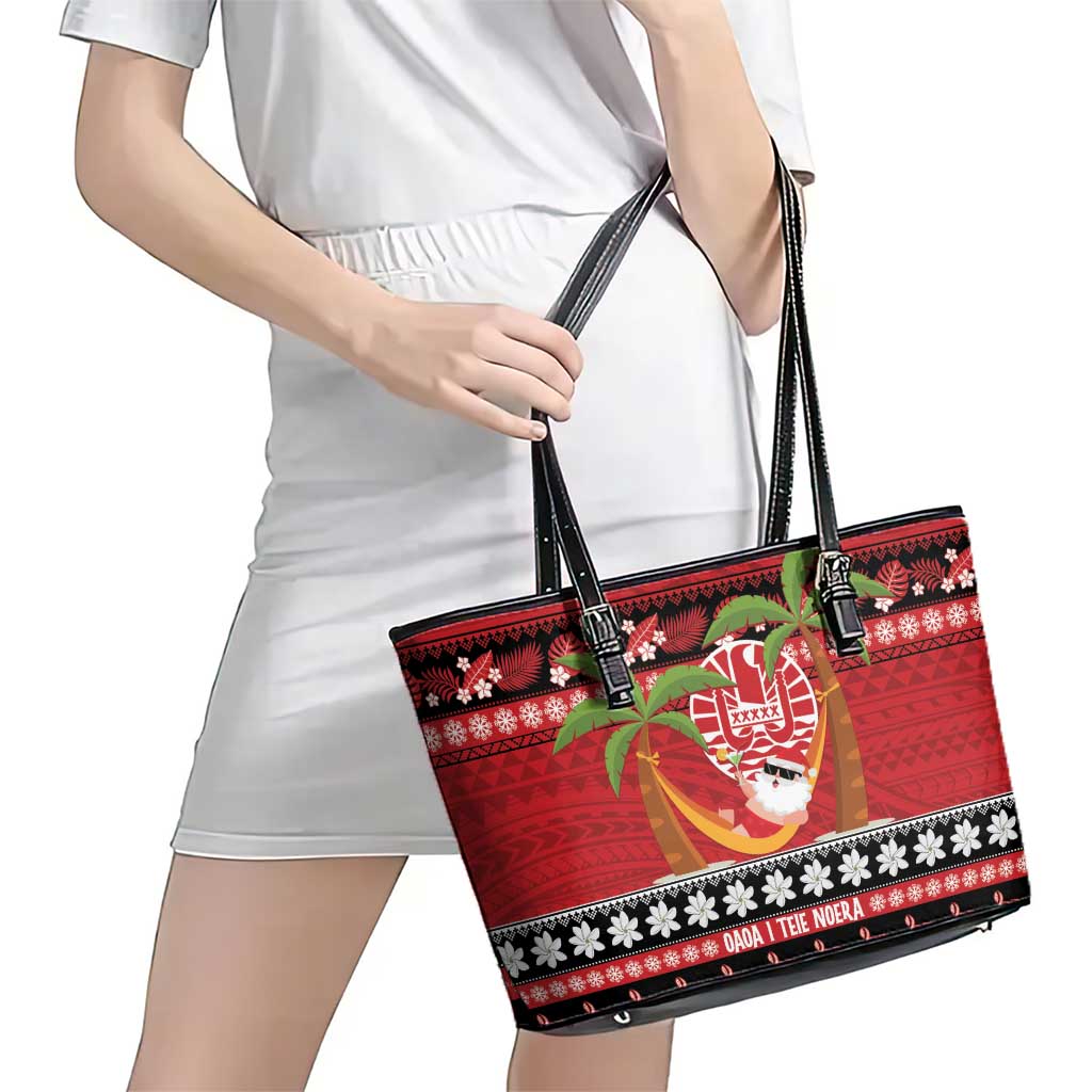 French Polynesia Christmas Leather Tote Bag Tiare Chilling Santa Oaoa I teie Noera - Polynesian Pride