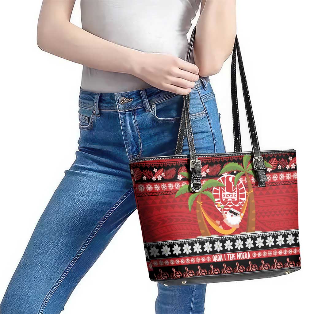 French Polynesia Christmas Leather Tote Bag Tiare Chilling Santa Oaoa I teie Noera - Polynesian Pride