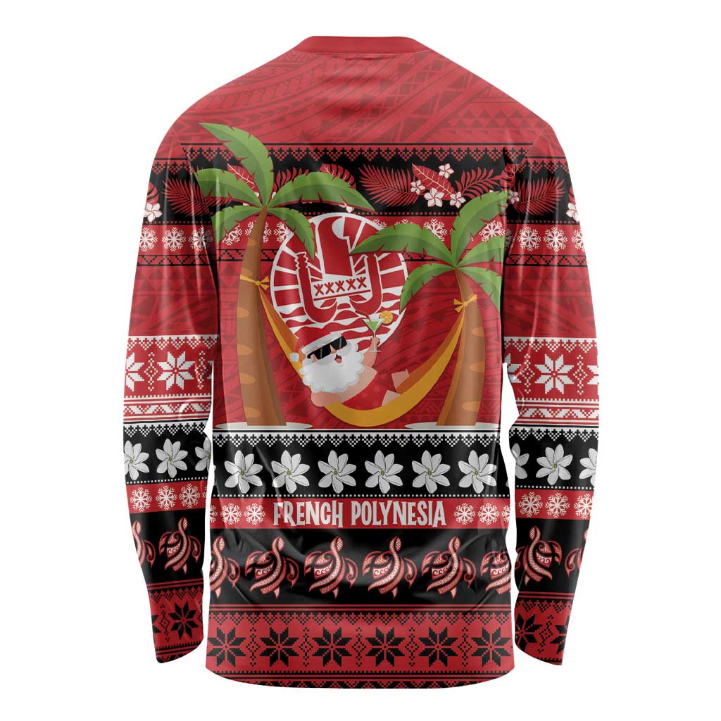 French Polynesia Christmas Long Sleeve Shirt Tiare Chilling Santa Oaoa I teie Noera - Polynesian Pride