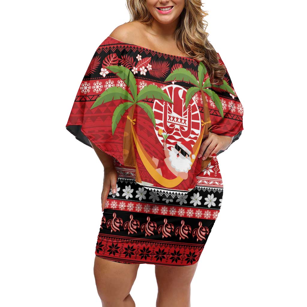 French Polynesia Christmas Off Shoulder Short Dress Tiare Chilling Santa Oaoa I teie Noera - Polynesian Pride