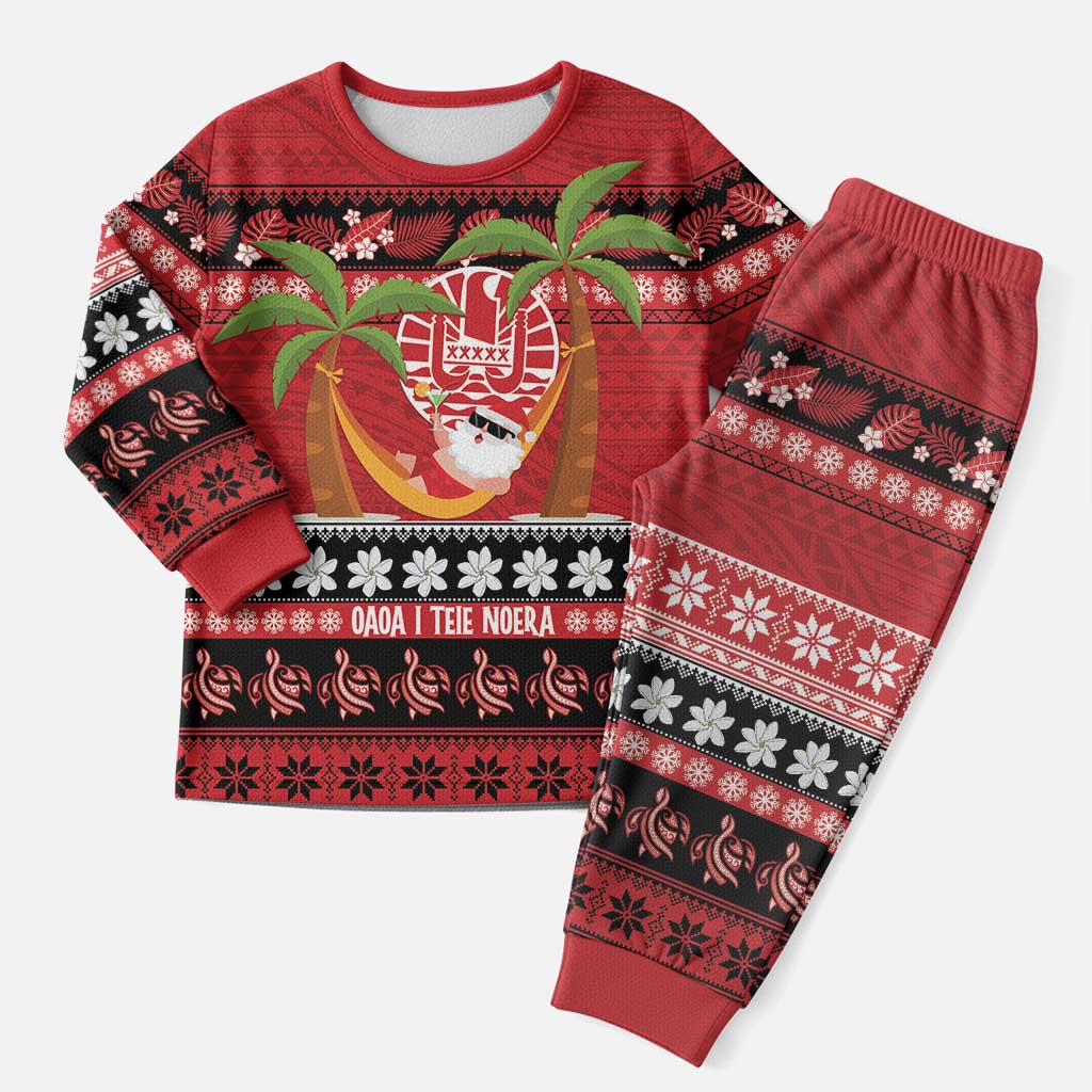 French Polynesia Christmas Pajama Set Tiare Chilling Santa Oaoa I teie Noera - Polynesian Pride