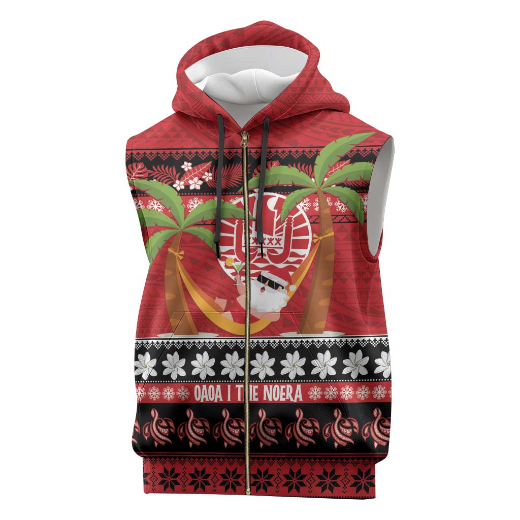 French Polynesia Christmas Sleeveless Zip Hoodie Tiare Chilling Santa Oaoa I teie Noera - Polynesian Pride