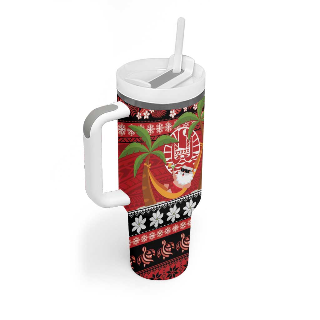 French Polynesia Christmas Tumbler With Handle Tiare Chilling Santa Oaoa I teie Noera - Polynesian Pride