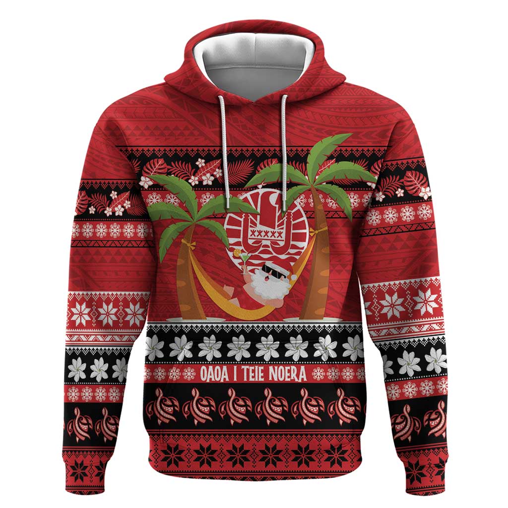 French Polynesia Christmas Zip Hoodie Tiare Chilling Santa Oaoa I teie Noera - Polynesian Pride