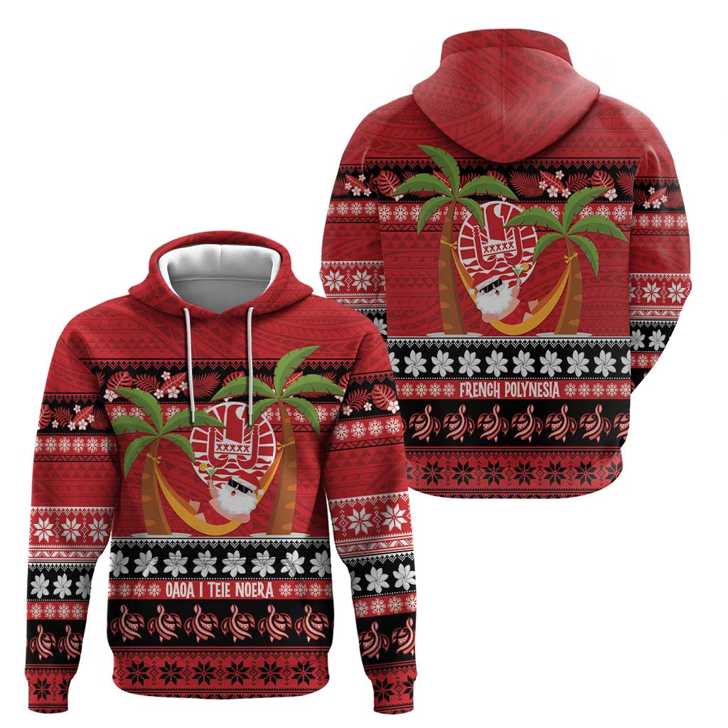 French Polynesia Christmas Zip Hoodie Tiare Chilling Santa Oaoa I teie Noera - Polynesian Pride