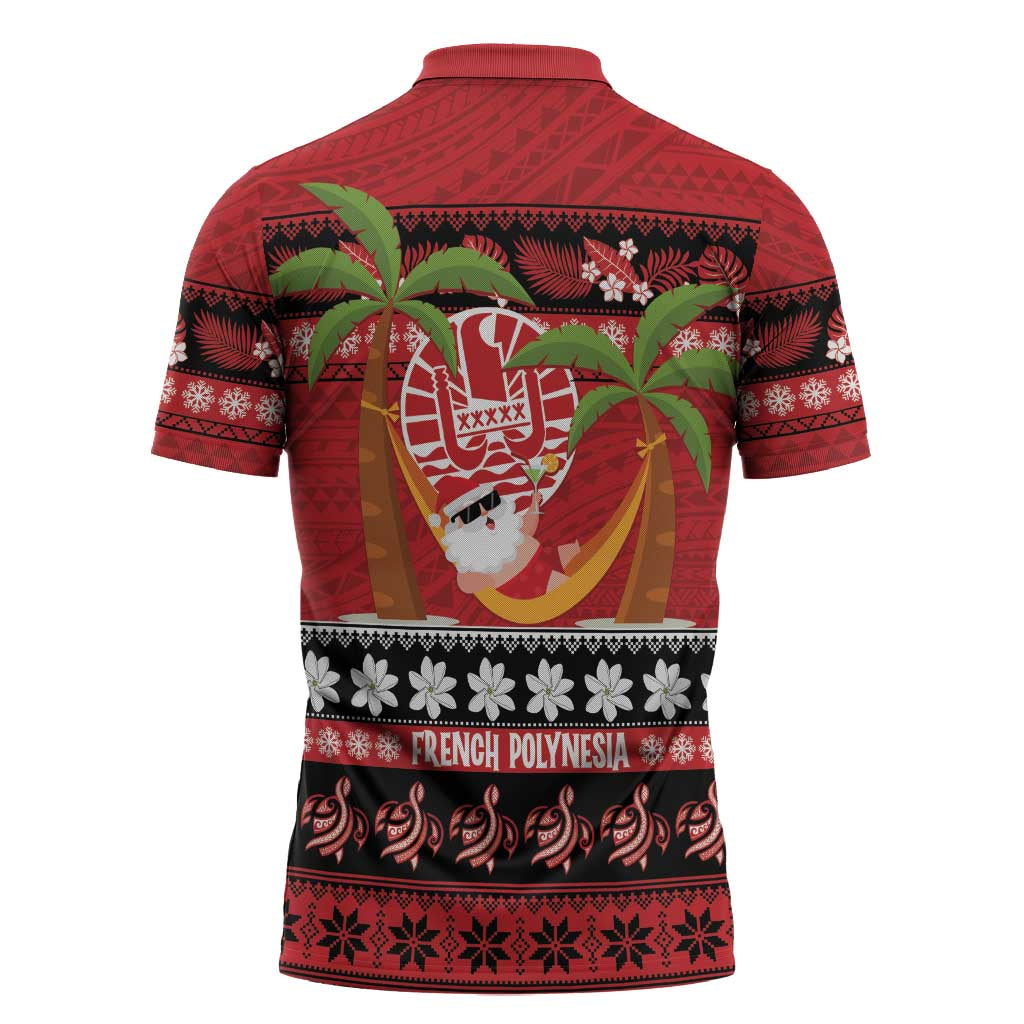 French Polynesia Christmas Zipper Polo Shirt Tiare Chilling Santa Oaoa I teie Noera - Polynesian Pride