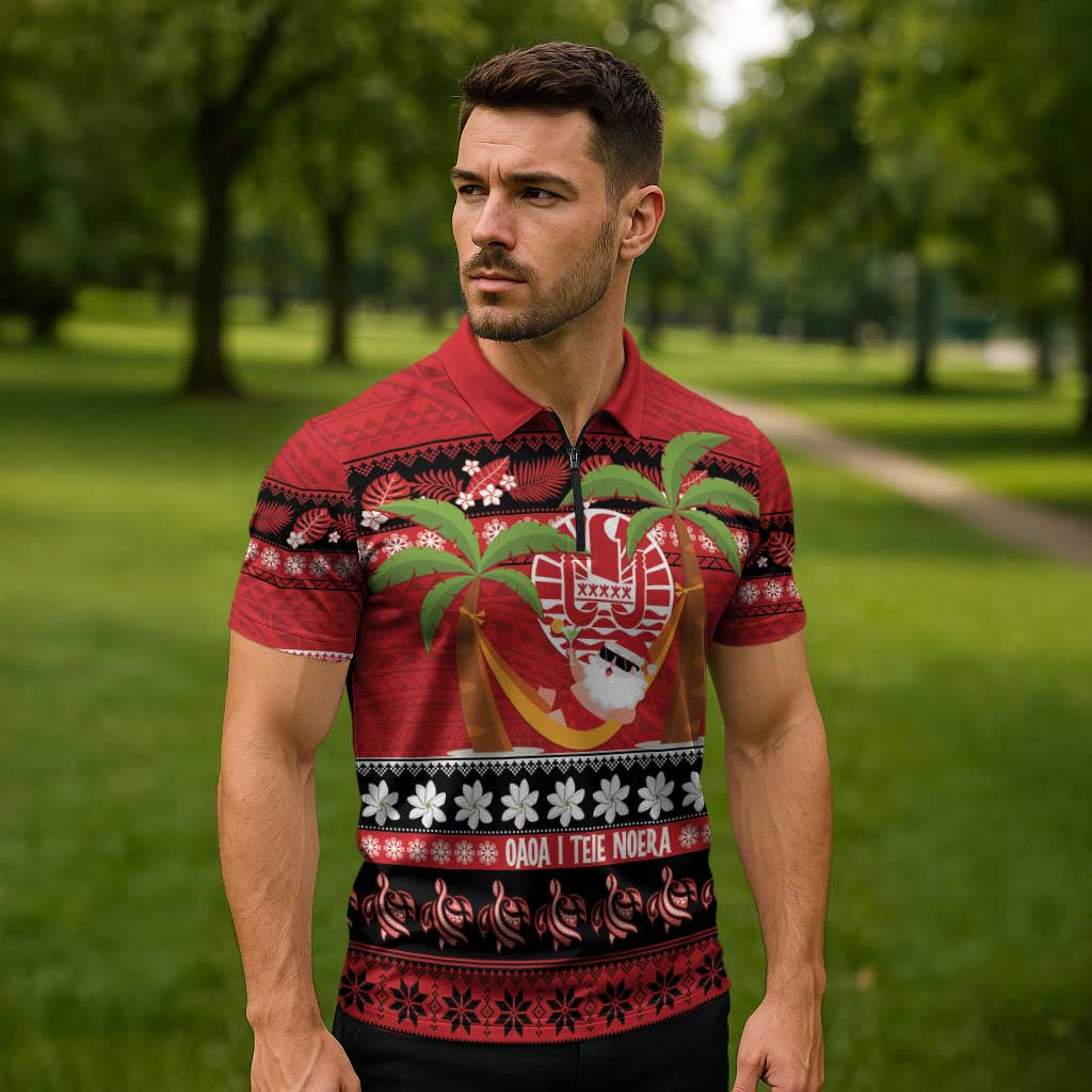 French Polynesia Christmas Zipper Polo Shirt Tiare Chilling Santa Oaoa I teie Noera - Polynesian Pride