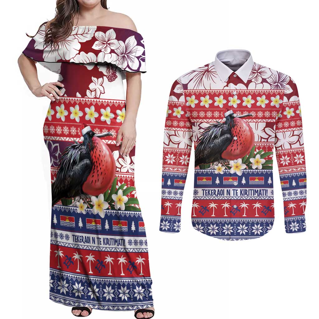 Kiribati Christmas Couples Matching Off Shoulder Maxi Dress and Long Sleeve Button Shirt Frigatebird Santa Tekeraoi n te Kiritimati - Polynesian Pride