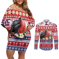 Kiribati Christmas Couples Matching Off Shoulder Short Dress and Long Sleeve Button Shirt Frigatebird Santa Tekeraoi n te Kiritimati - Polynesian Pride