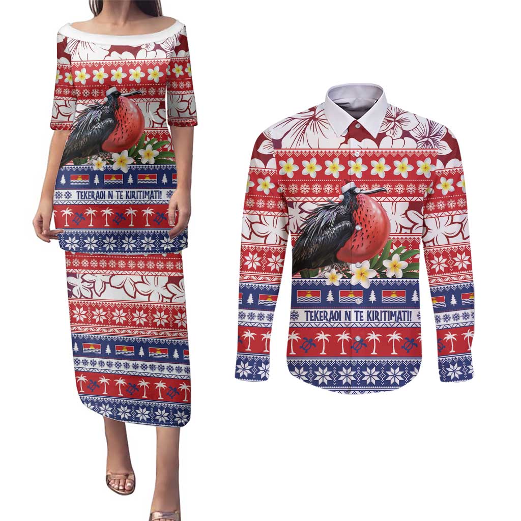 Kiribati Christmas Couples Matching Puletasi and Long Sleeve Button Shirt Frigatebird Santa Tekeraoi n te Kiritimati - Polynesian Pride