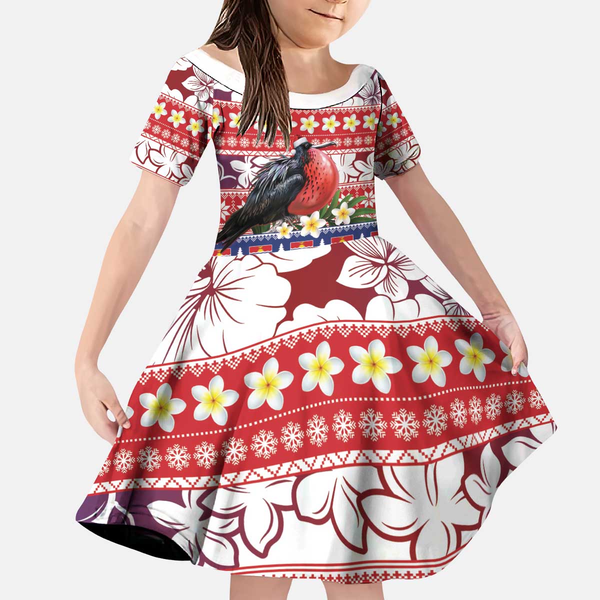 Kiribati Christmas Kid Short Sleeve Dress Frigatebird Santa Tekeraoi n te Kiritimati - Polynesian Pride
