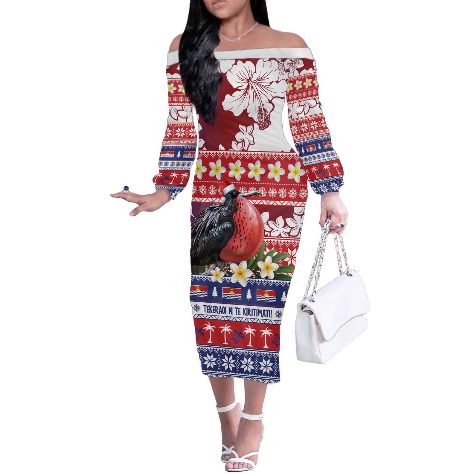 Kiribati Christmas Off The Shoulder Long Sleeve Dress Frigatebird Santa Tekeraoi n te Kiritimati - Polynesian Pride