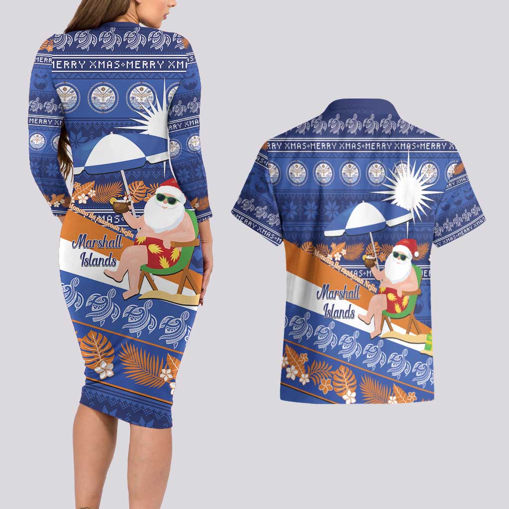 Marshall Islands Christmas Couples Matching Long Sleeve Bodycon Dress and Hawaiian Shirt Beachy Santa Monono ilo raaneoan Nejin - Polynesian Pride