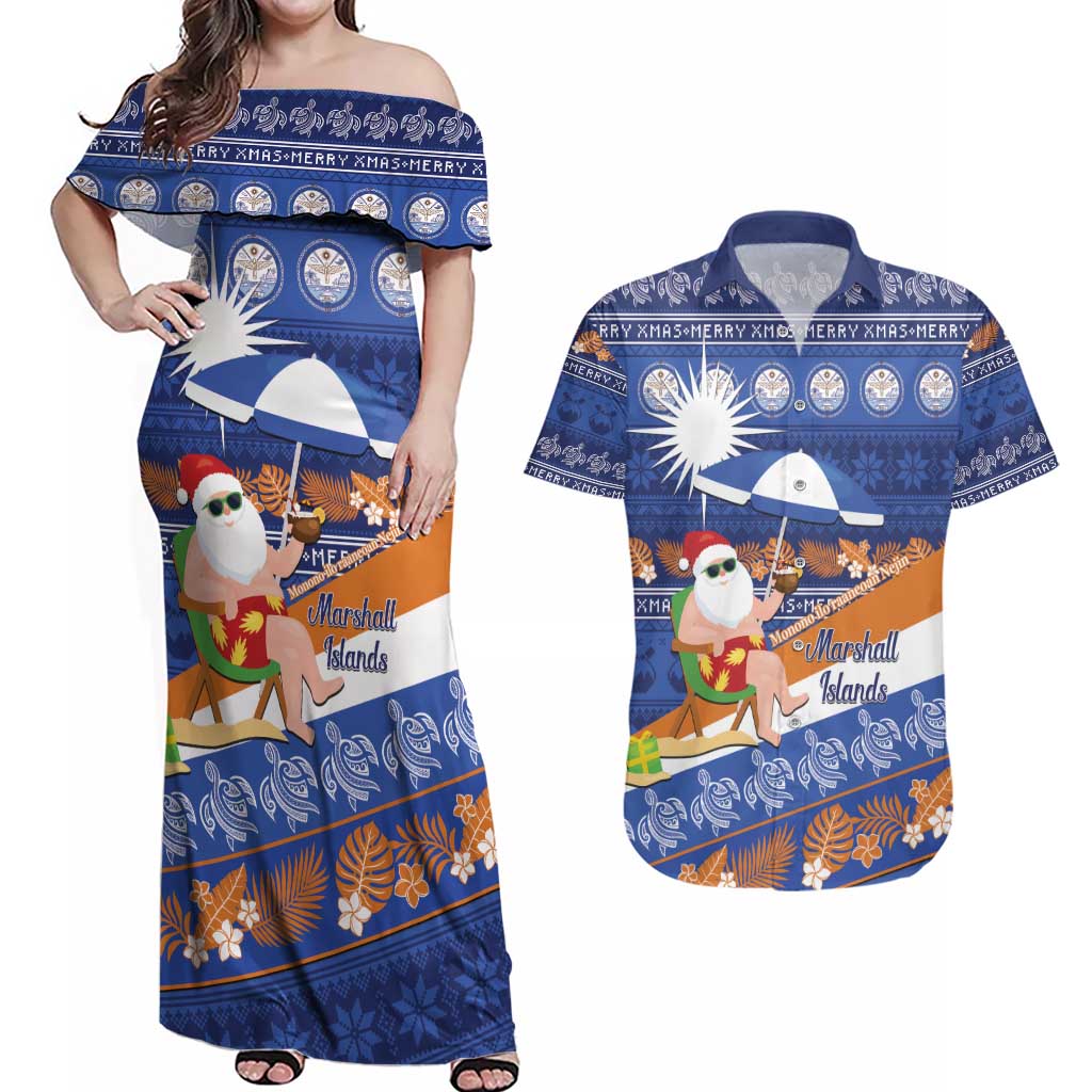 Marshall Islands Christmas Couples Matching Off Shoulder Maxi Dress and Hawaiian Shirt Beachy Santa Monono ilo raaneoan Nejin - Polynesian Pride