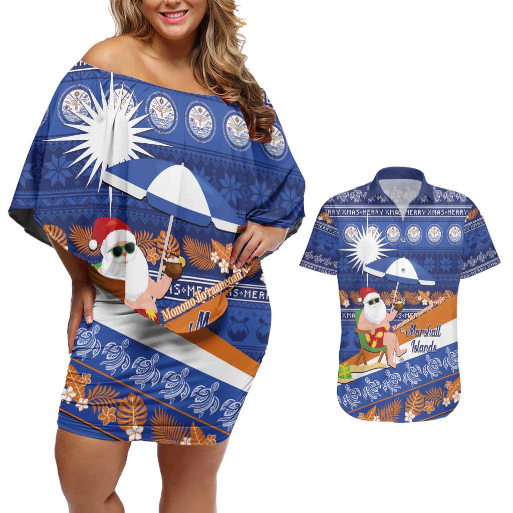Marshall Islands Christmas Couples Matching Off Shoulder Short Dress and Hawaiian Shirt Beachy Santa Monono ilo raaneoan Nejin - Polynesian Pride