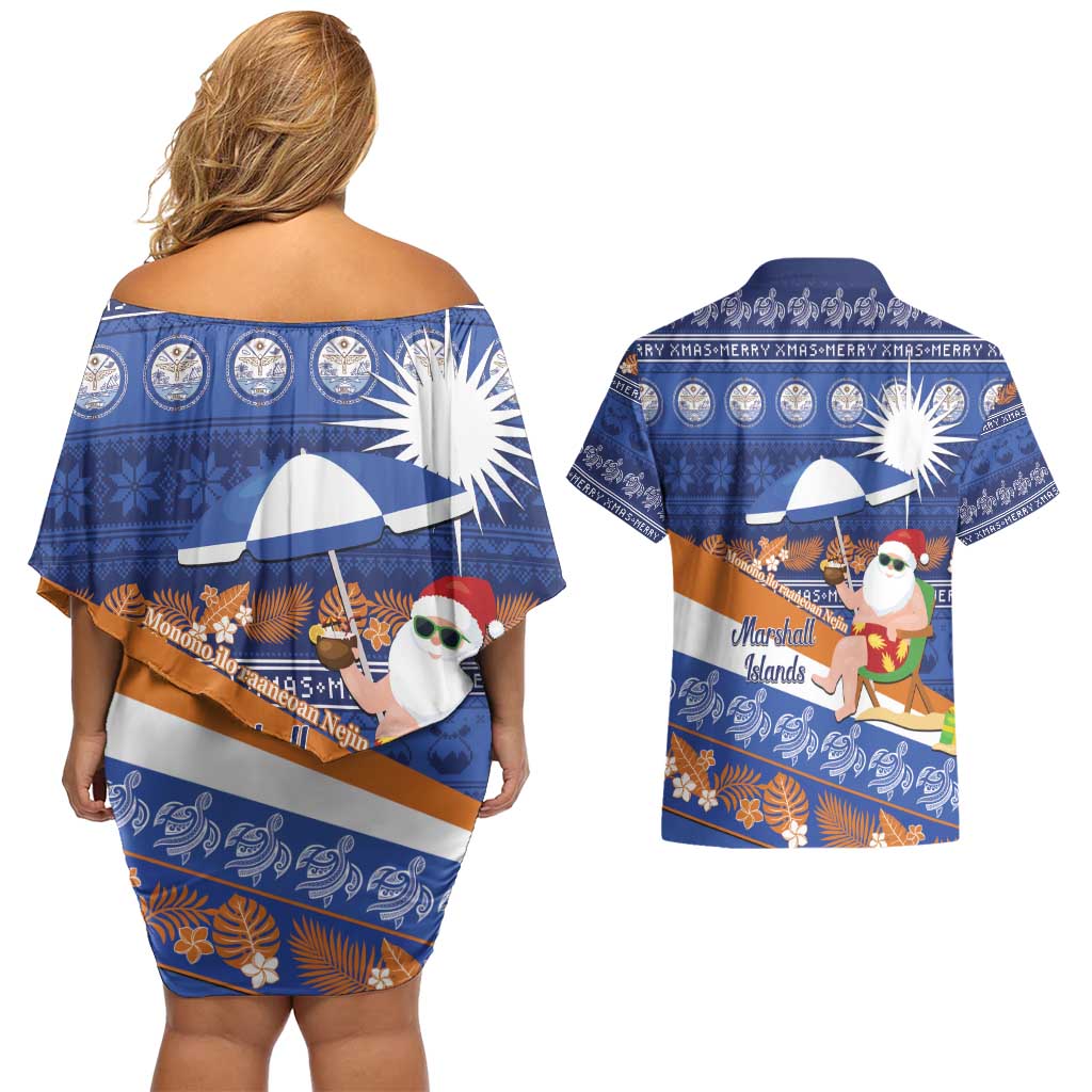 Marshall Islands Christmas Couples Matching Off Shoulder Short Dress and Hawaiian Shirt Beachy Santa Monono ilo raaneoan Nejin - Polynesian Pride