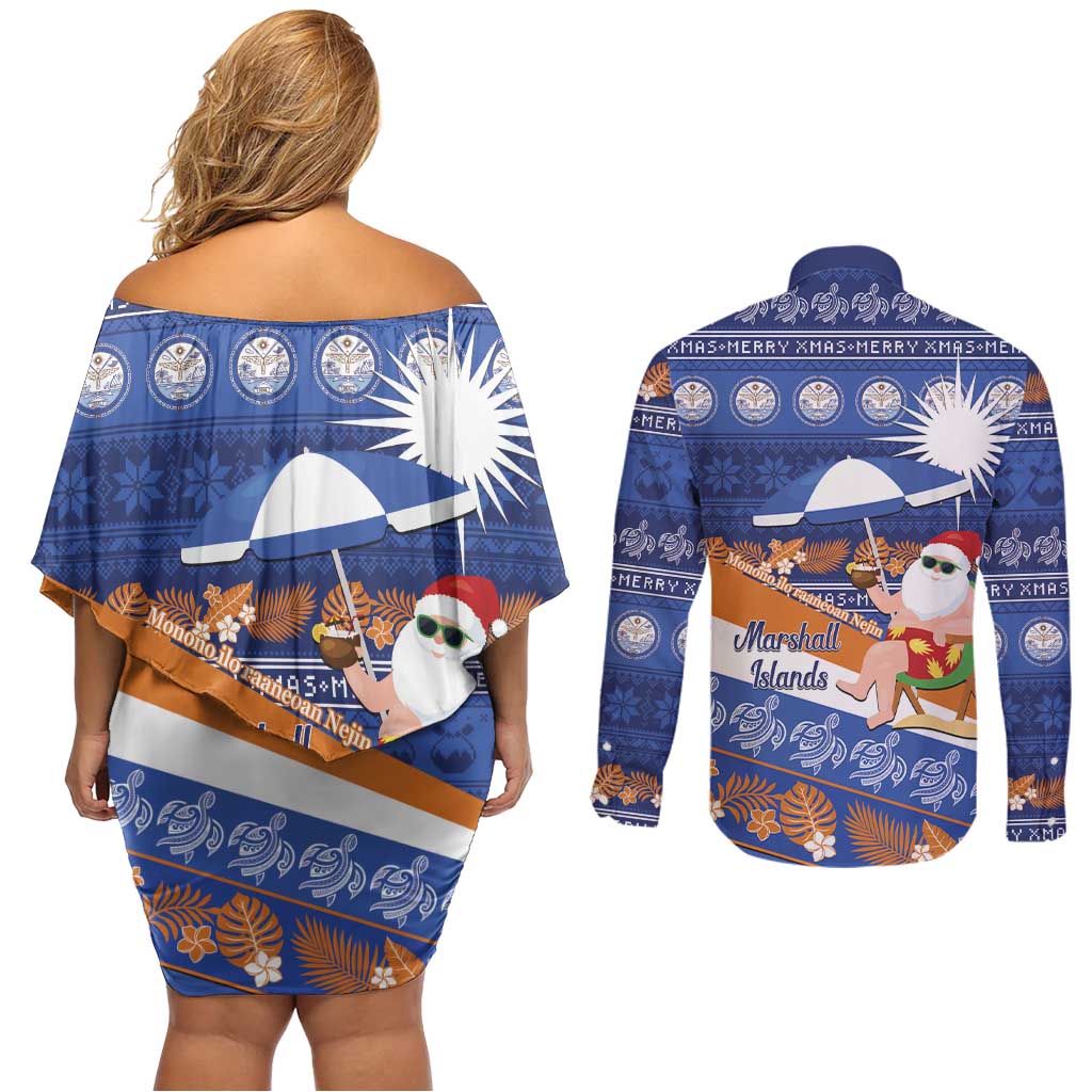 Marshall Islands Christmas Couples Matching Off Shoulder Short Dress and Long Sleeve Button Shirt Beachy Santa Monono ilo raaneoan Nejin - Polynesian Pride