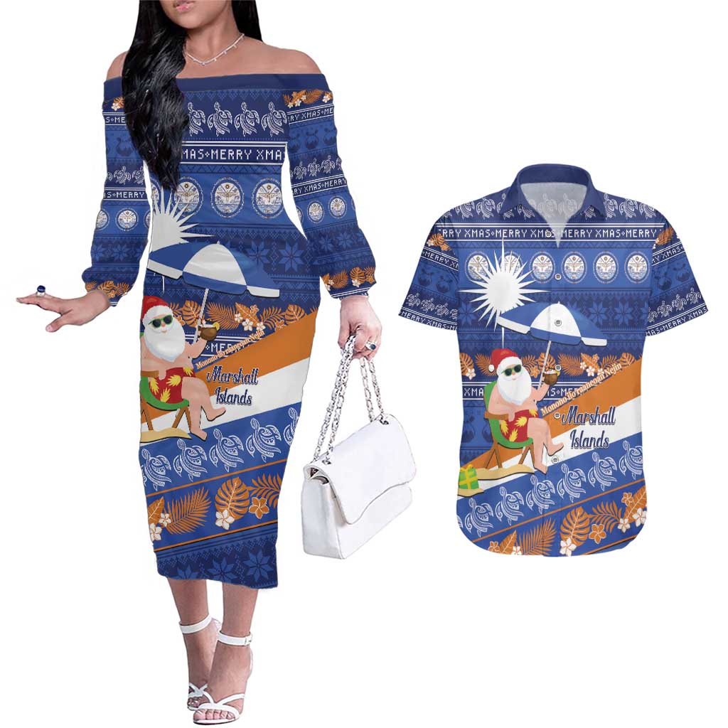 Marshall Islands Christmas Couples Matching Off The Shoulder Long Sleeve Dress and Hawaiian Shirt Beachy Santa Monono ilo raaneoan Nejin - Polynesian Pride