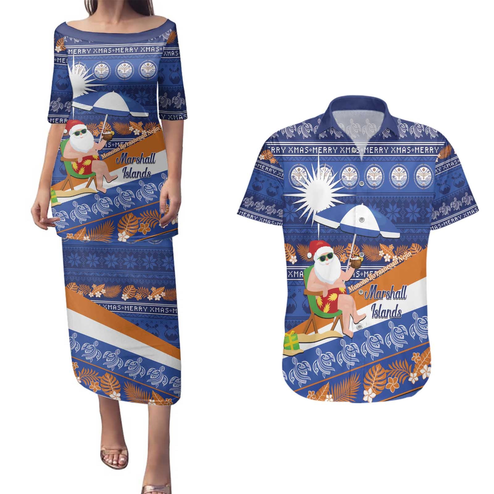 Marshall Islands Christmas Couples Matching Puletasi and Hawaiian Shirt Beachy Santa Monono ilo raaneoan Nejin - Polynesian Pride