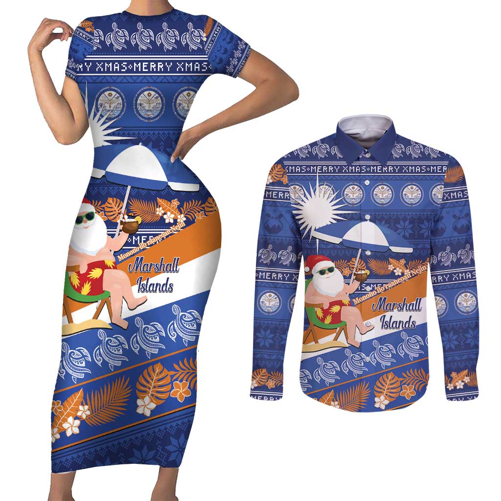 Marshall Islands Christmas Couples Matching Short Sleeve Bodycon Dress and Long Sleeve Button Shirt Beachy Santa Monono ilo raaneoan Nejin - Polynesian Pride