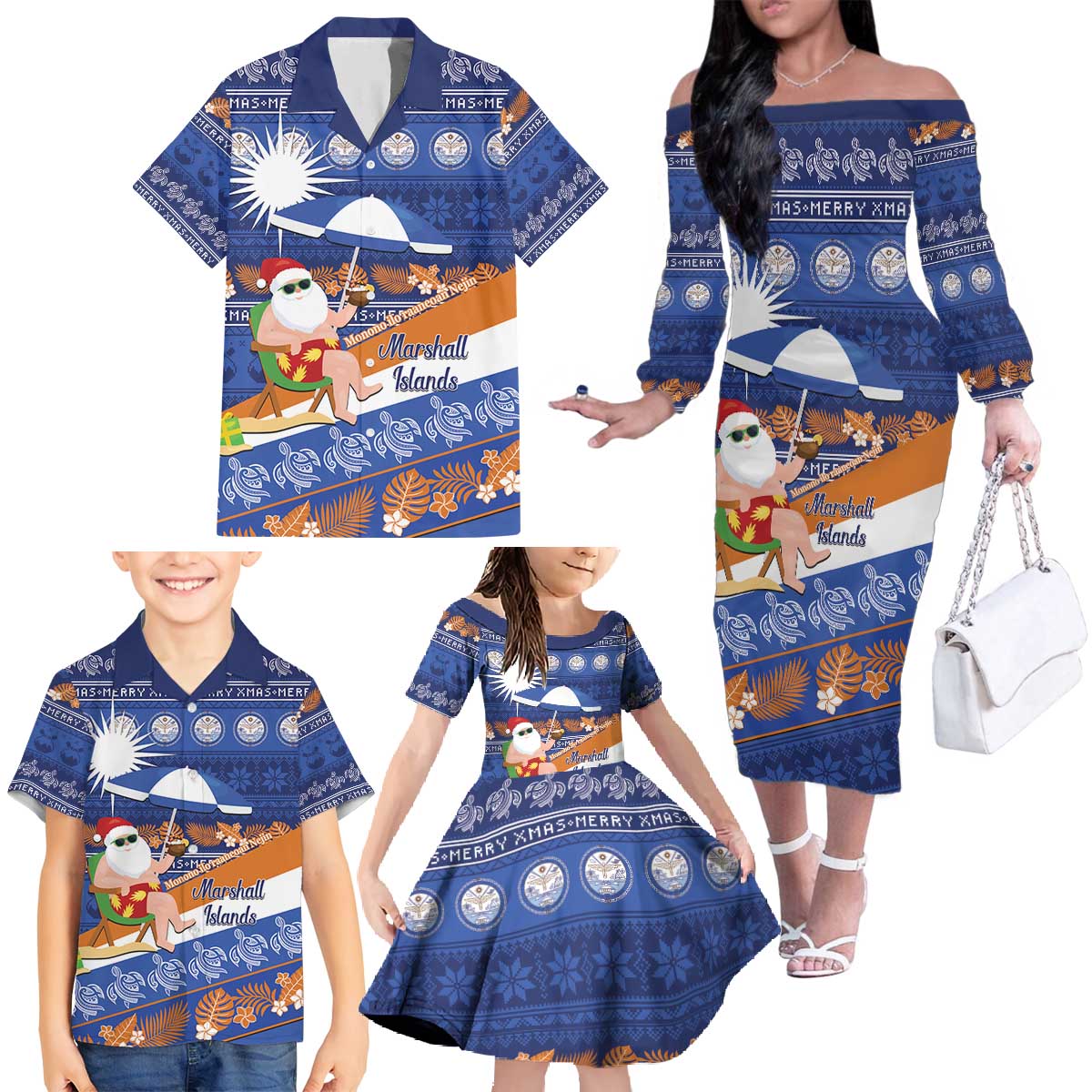 Marshall Islands Christmas Family Matching Off The Shoulder Long Sleeve Dress and Hawaiian Shirt Beachy Santa Monono ilo raaneoan Nejin - Polynesian Pride
