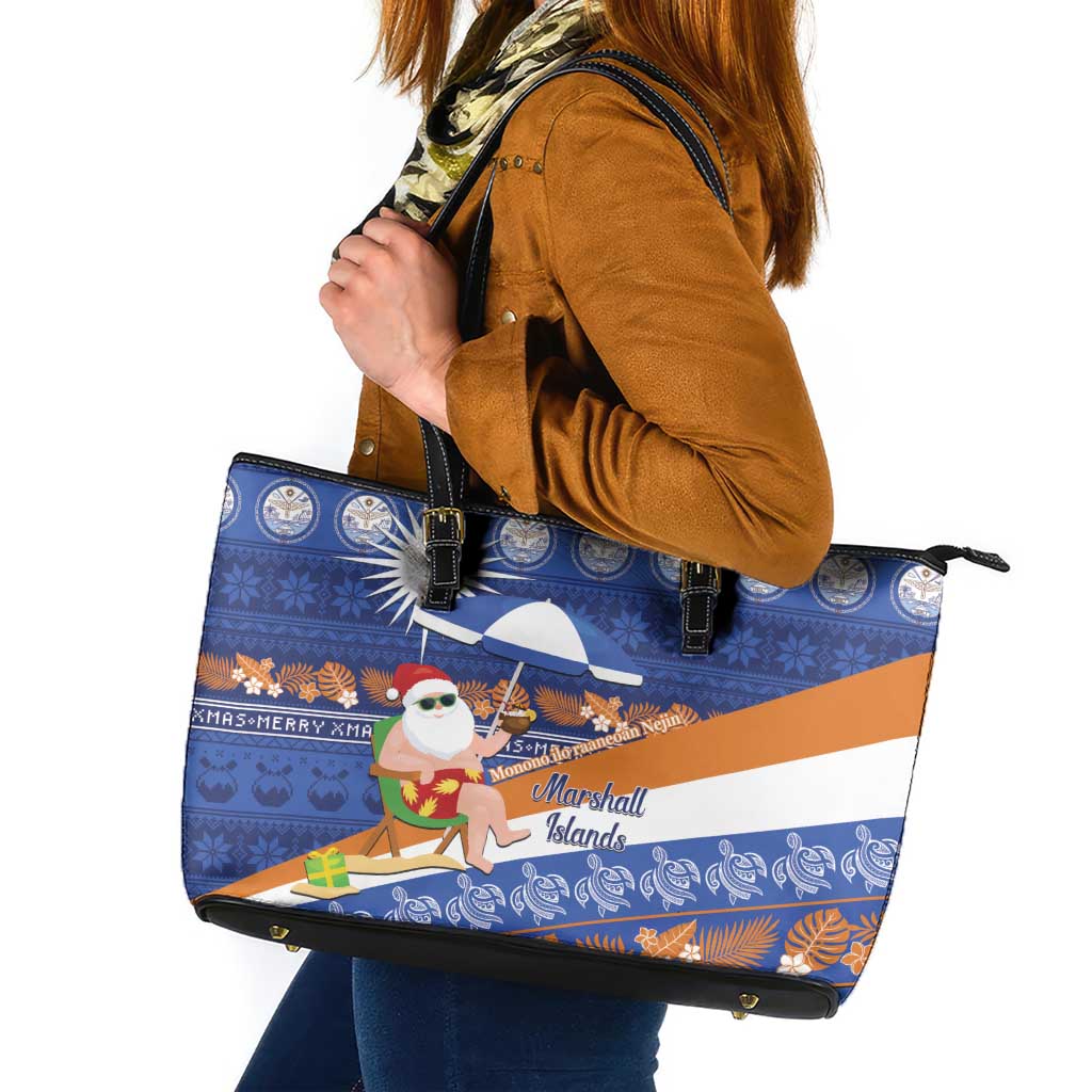 Marshall Islands Christmas Leather Tote Bag Beachy Santa Monono ilo raaneoan Nejin - Polynesian Pride