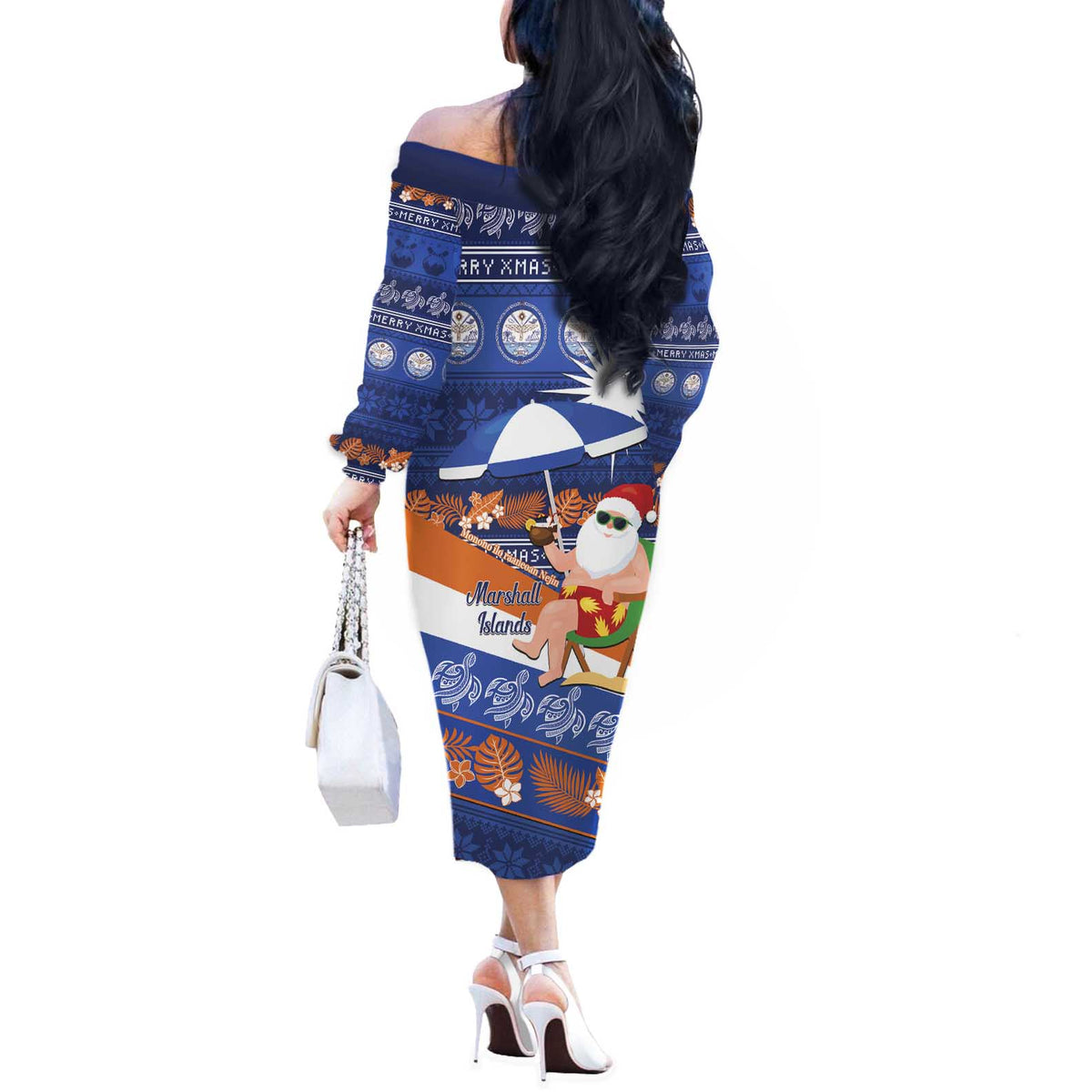 Marshall Islands Christmas Off The Shoulder Long Sleeve Dress Beachy Santa Monono ilo raaneoan Nejin - Polynesian Pride
