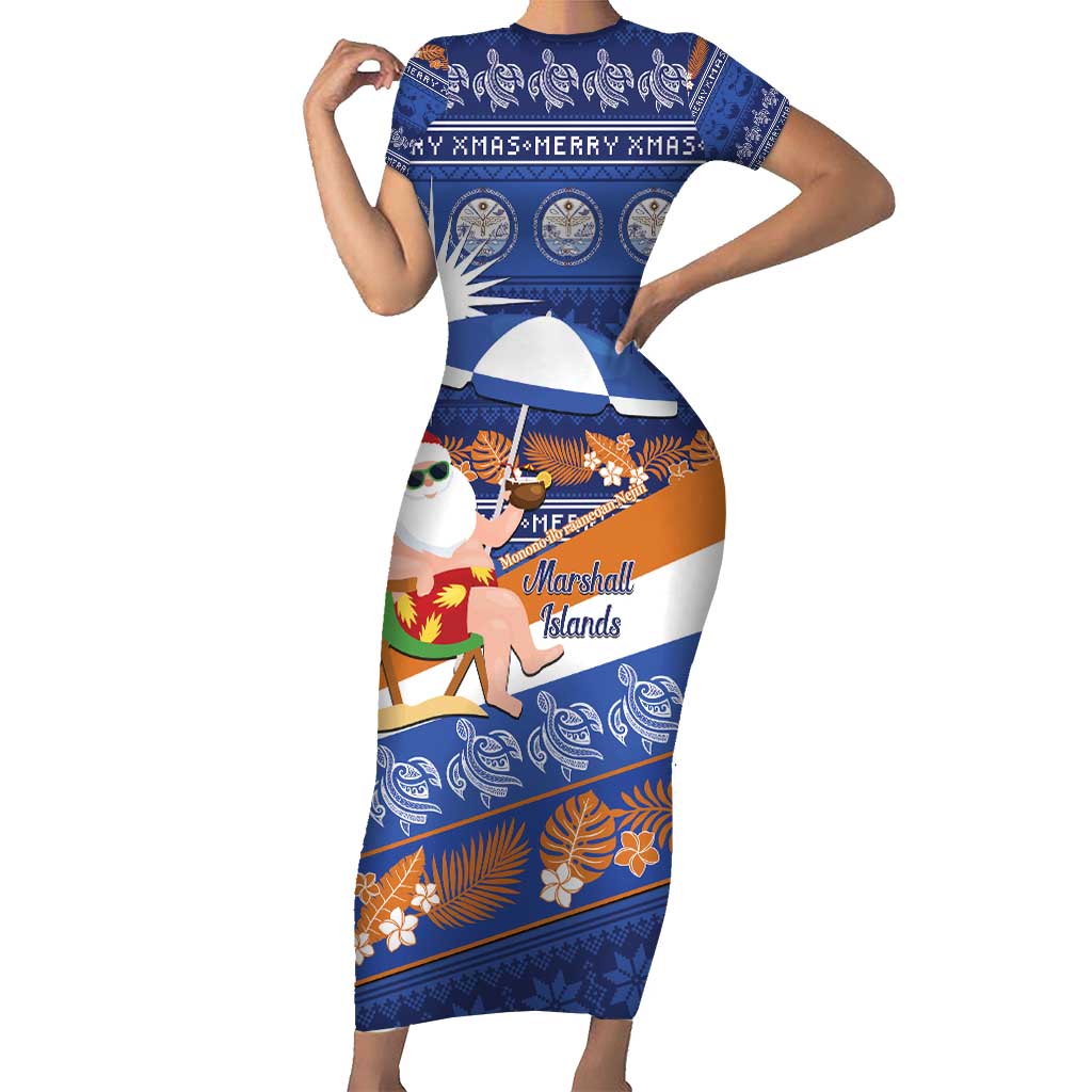 Marshall Islands Christmas Short Sleeve Bodycon Dress Beachy Santa Monono ilo raaneoan Nejin - Polynesian Pride