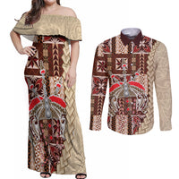 Samoa Tapau Couples Matching Off Shoulder Maxi Dress and Long Sleeve Button Shirt Samoan Siapo Pattern LT14 Brown - Polynesian Pride