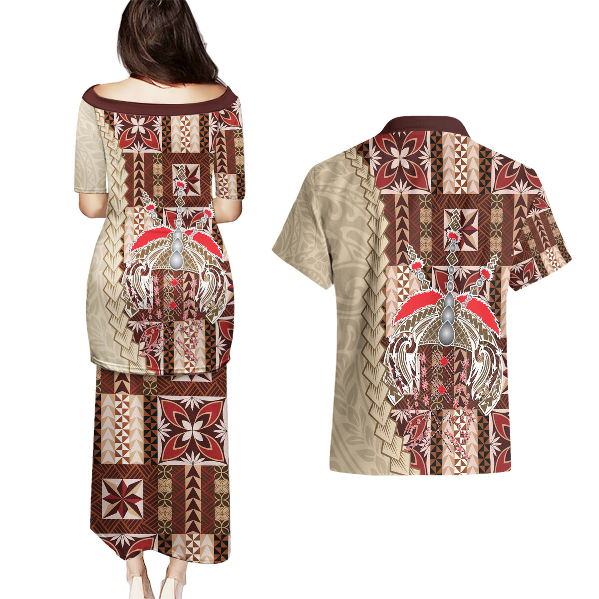 Samoa Tapau Couples Matching Puletasi Dress and Hawaiian Shirt Samoan Siapo Pattern LT14 - Polynesian Pride