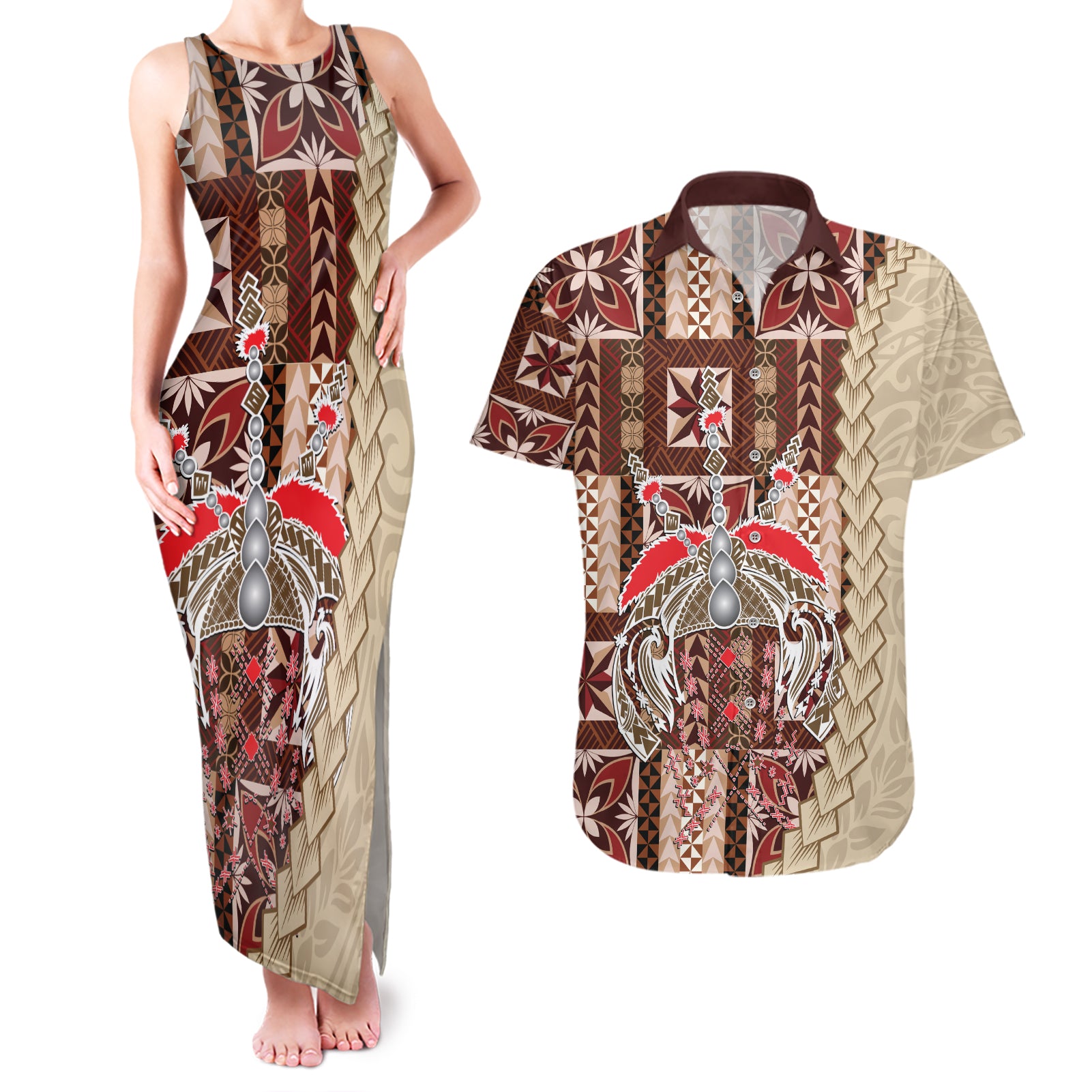 Samoa Tapau Couples Matching Tank Maxi Dress and Hawaiian Shirt Samoan Siapo Pattern LT14 Brown - Polynesian Pride